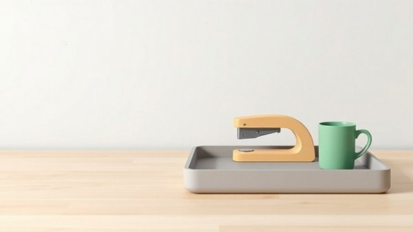 Minimalist smart home desk setup with a stapler and mug