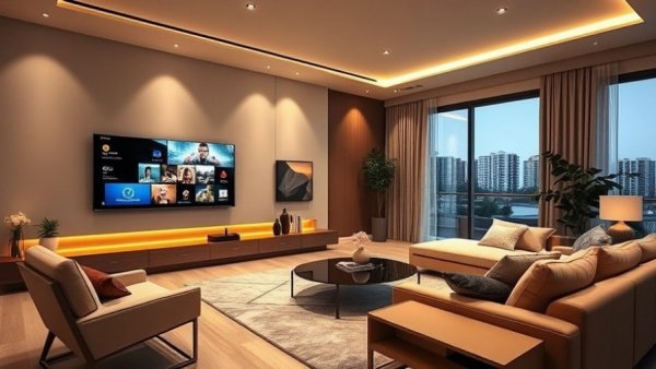 Futuristic living room with smart home devices for 2026.