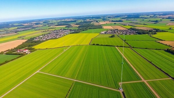 Aerial geofencing concept over fields, illustrating geofencing for smart home devices.