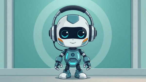 Adorable cartoon robot in teal with headphones and geometric pattern backdrop.