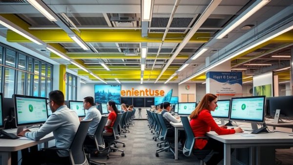 Modern office interior with employees working on computers.