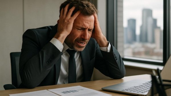 Business leader stressed about distributed team leadership mistakes.