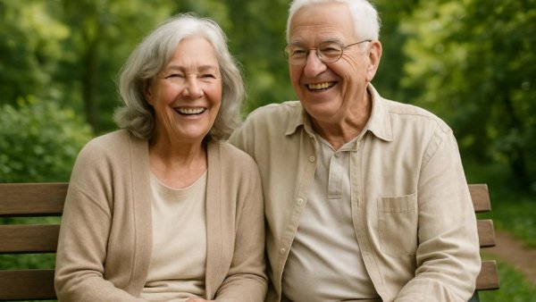 Joyful retired couple enjoying a sunny day sitting on a bench.