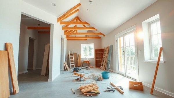 Bright home renovation scene with tools and materials.