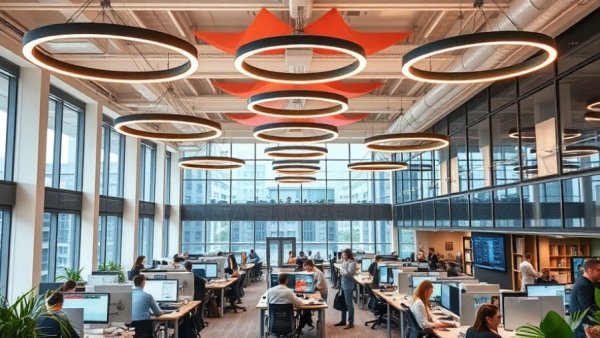 Vibrant office space with professionals working on computers.