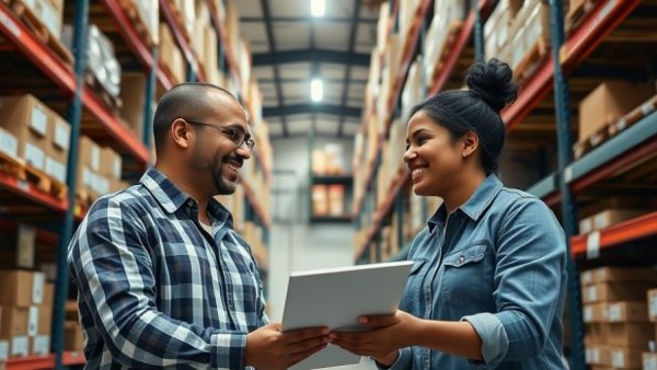 Colleagues in a warehouse discussing tasks.