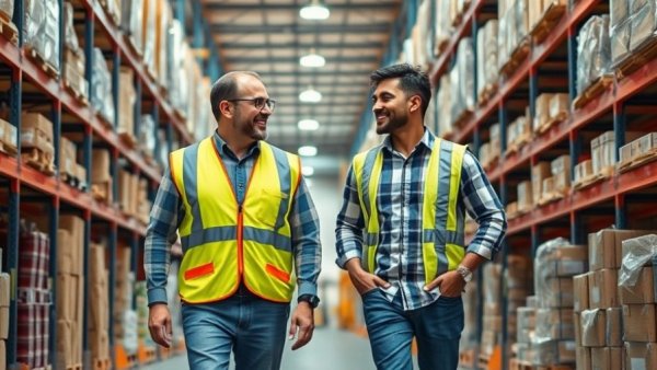 Friendly interaction in a warehouse setting, showcasing teamwork and organization.