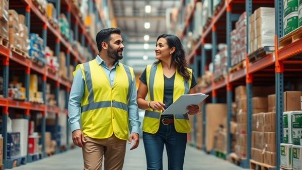 Warehouse staff discussing logistics while walking.