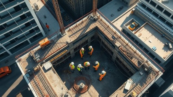 Construction workers at building site discussing commercial construction.