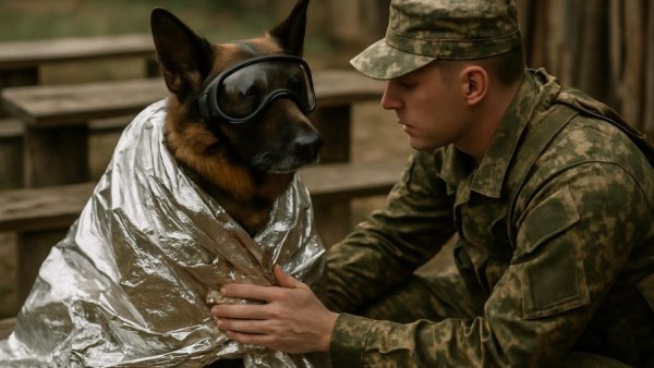 Military dog in emergency blanket, soldier assisting, unlikely inventions that made millions.
