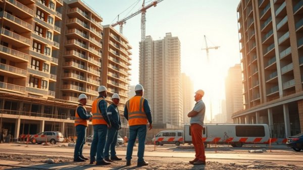 Construction workers at a large site discussing commercial project.
