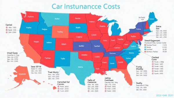 USA map showing car insurance costs by state in 2026, colorful infographic.