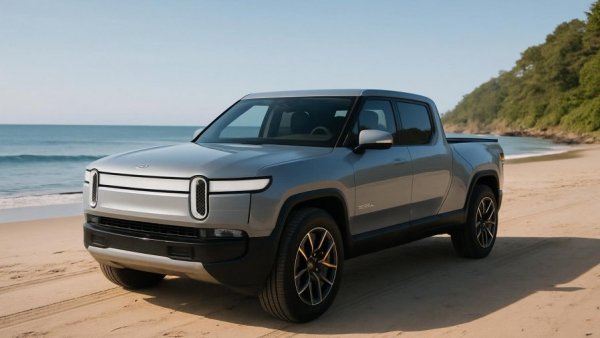 Rivian electric pickup on a sandy beach.