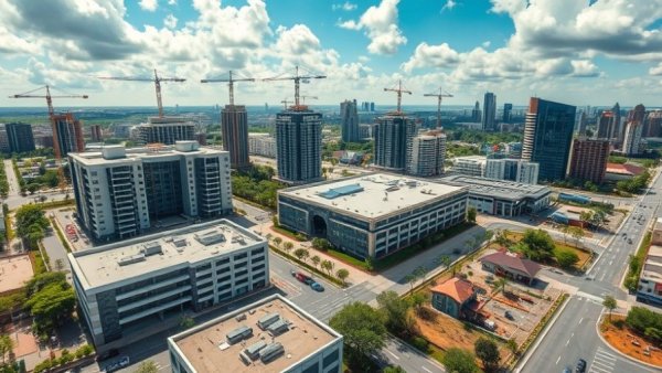 Aerial view of a commercial complex in urban area, showcasing modern buildings.