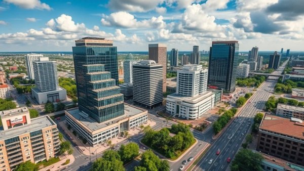 Aerial view of commercial buildings in an urban area, showcasing Commercial Property Financing Options.
