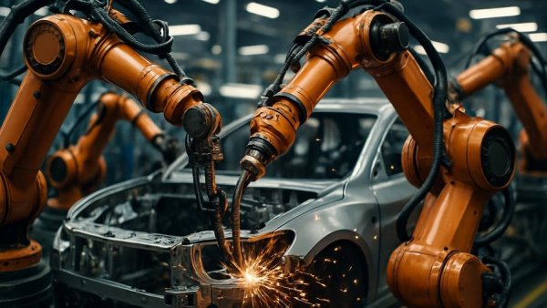 Impact of Middle East conflict on car manufacturing with robotic assembly.