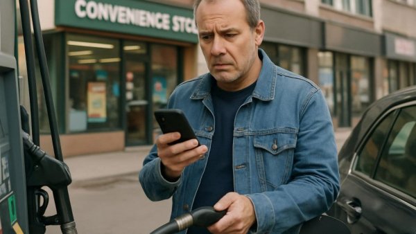Middle-aged man refuels car, concerned, mobile in hand, urban gas station.
