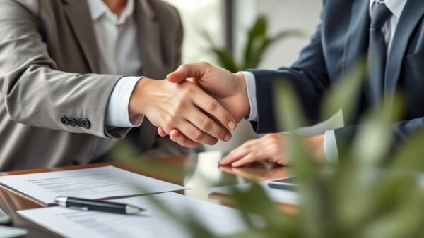 Business professionals handshake over acquisition loan documents.
