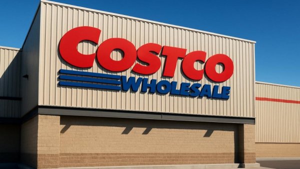 Costco Wholesale sign exterior against blue sky, daylight.