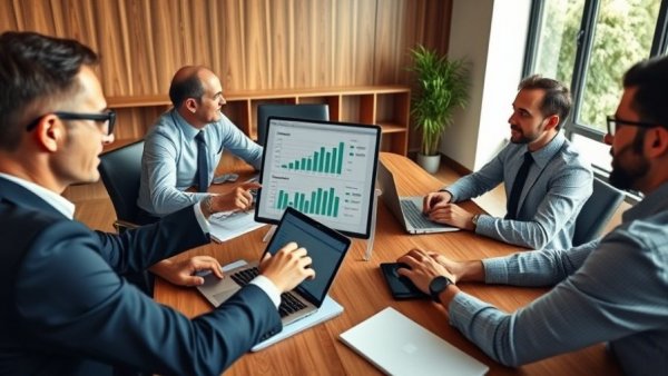 Collaborative work on supply chain financing with laptops and documents.