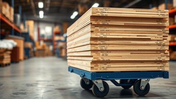 Stacked plywood on a blue cart in a hardware store.