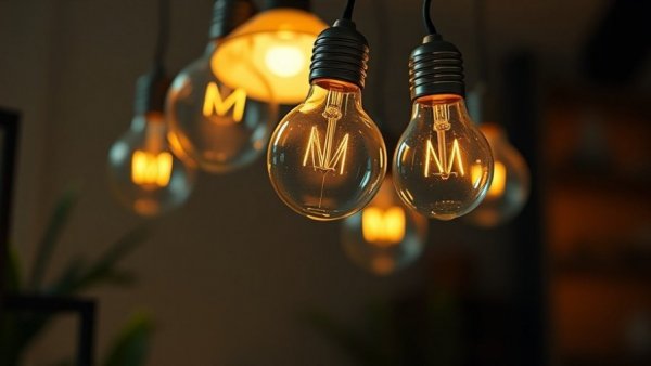 Smart lighting bulbs floating around a glowing lamp, vibrant setup.