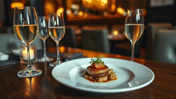 Gourmet dish on a restaurant table surrounded by glasses.