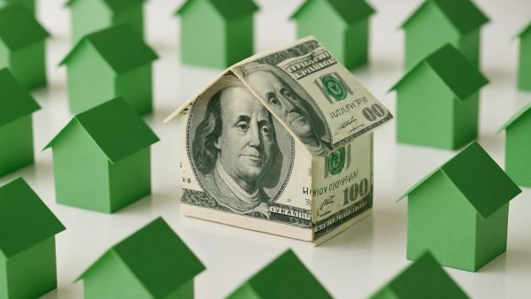 Dollar bill house among paper houses symbolizing property tax bill based on human error.