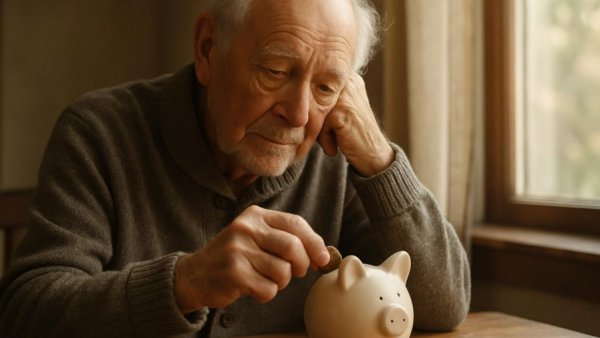 Elderly man saving money in piggy bank, low-income budgeting concept.