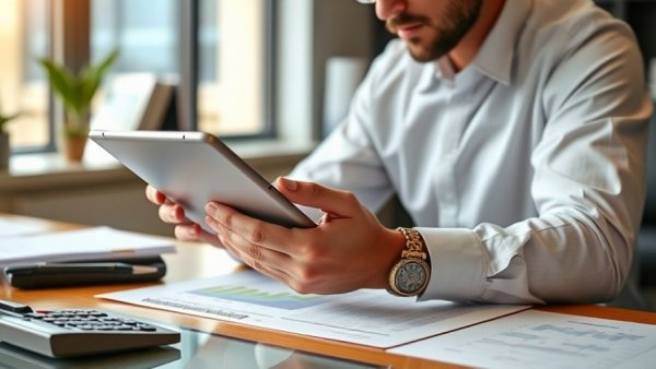 Professional reviews financial charts on tablet for medical equipment financing.