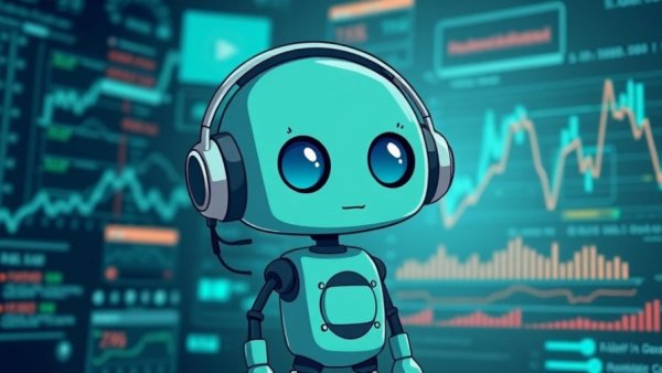 Cartoon robot with headphones analyzing digital data risk illustration