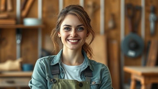 Smiling woman in DIY attire, confident expression, warm lighting.