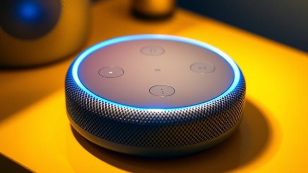 Amazon Echo Dot on bright yellow background highlighting design features.