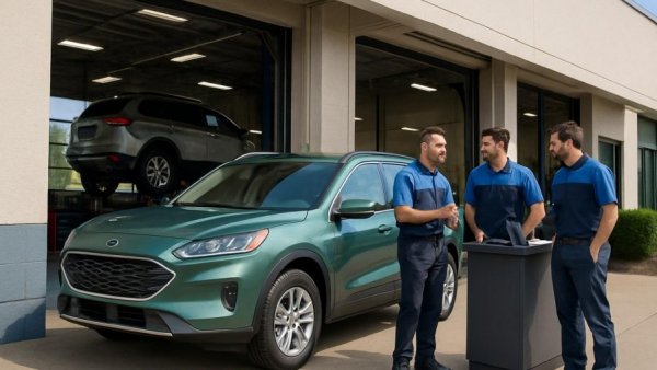 Ford vehicle undergoing inspection for recall safety at service center