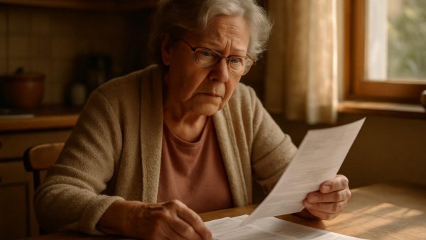 Senior woman experiencing Medicare Premium Shock examining bills in kitchen.