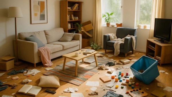 Living room chaos after incident highlighting need for renters insurance.