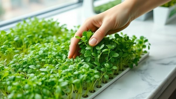 Sleek indoor smart garden with microgreens being harvested, Best Indoor Smart Gardens.
