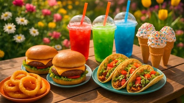 Spring picnic with diverse food, ice cream, tacos, and flowers.