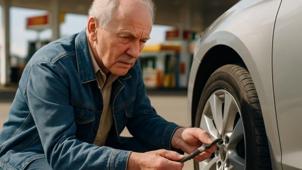 Simple tricks to use less gas: man checking tire pressure at gas station.