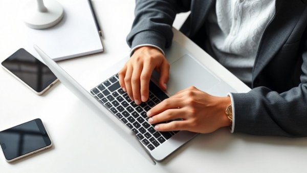 Minimalist workspace with hands typing on laptop, promoting purchase order funding.