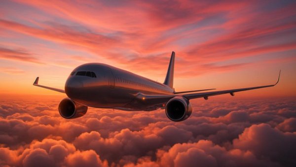 Plane at sunset, soaring above clouds