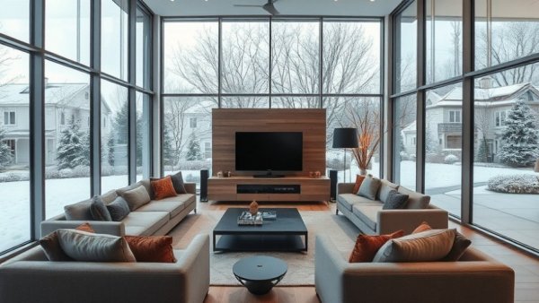 Modern living room featuring smart home automation solutions, with large windows overlooking snowy landscape.