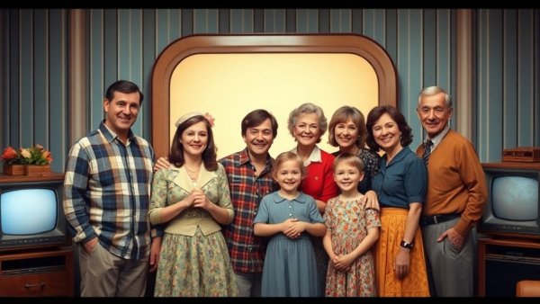 Nostalgic family group from a vintage TV show scene.