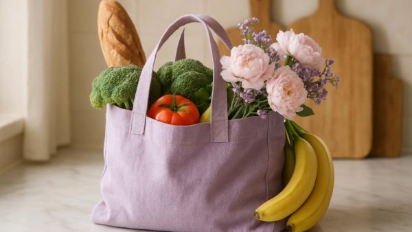 Trader Joe's lavender tote bag with groceries on a kitchen counter.