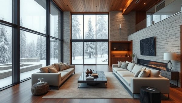 Modern living room with smart home automation solutions, snowy view.