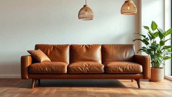 Mid-century modern leather sofa in minimalist living room, mixing and matching furniture for a cohesive look.