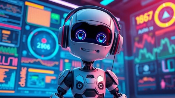 Cute cartoon robot in futuristic tech setting.