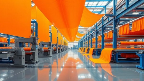 Manufacturing equipment in a textile facility processing orange fabric.