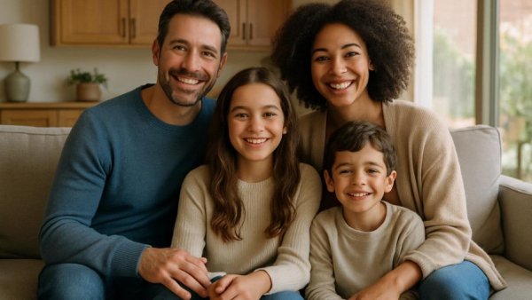 Happy family on sofa in a cozy room, symbolizing the 99% economy.