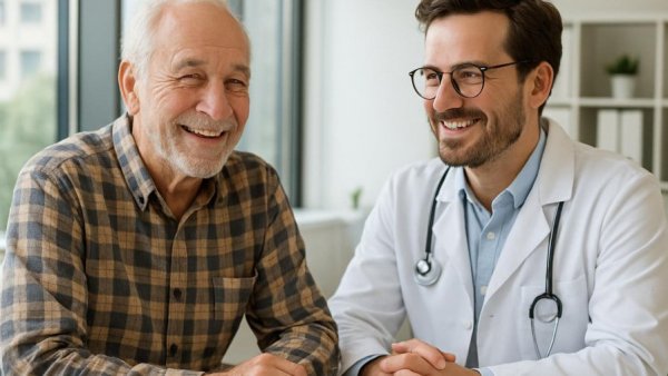 Older man with doctor in office, showcasing affordable concierge medicine.